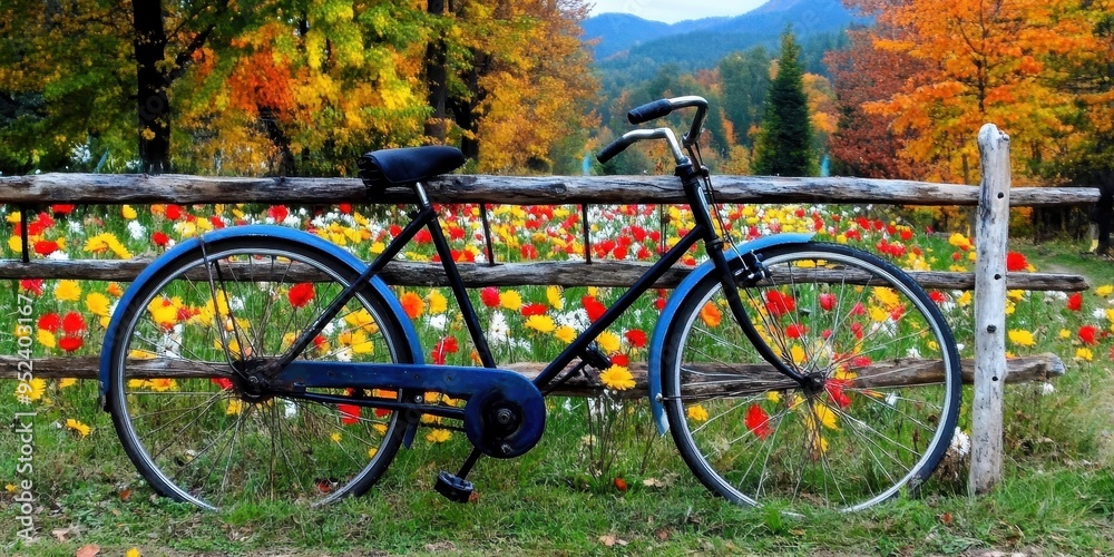 Fototapeta premium A bicycle leaning against a fence with wildflowers