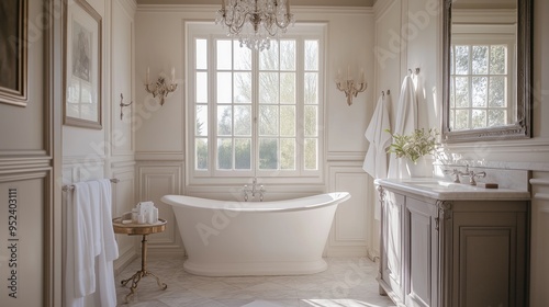 Classic French bathroom with ornate details. the room is filled with sunlight and has a luxurious, elegant feel.