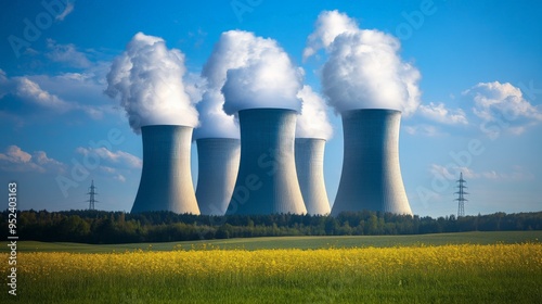 Nuclear Power Plant with Cooling Towers Emitting Steam in Sunny Countryside Landscape