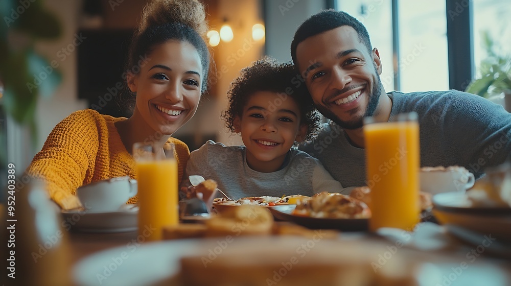 Happy diverse family enjoying breakfast together at home : Generative AI