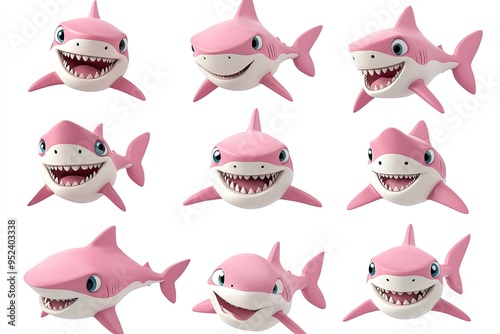 3D Pink cartoon sharks with different expressions isolated on white background