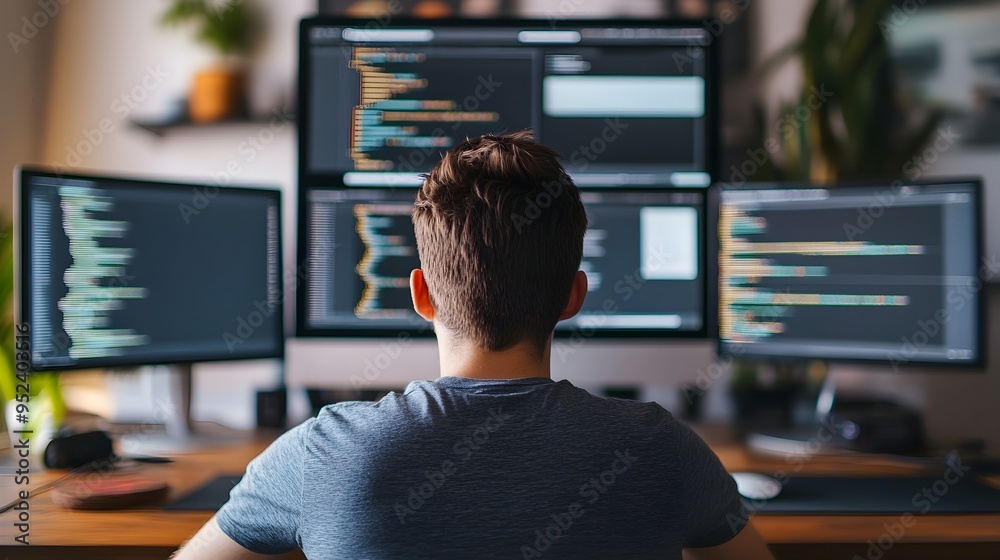 Programmer Working on Multiple Monitors Programmer Working on Multiple Monitors