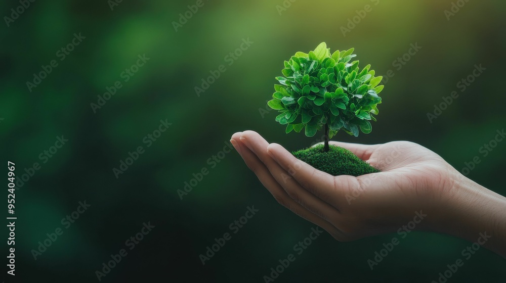 Hand Holding Miniature Tree Depicting Concept of Growth and Nature Preservation. Hand Holding Miniature Tree Depicting Concept of Growth and Nature Preservation.