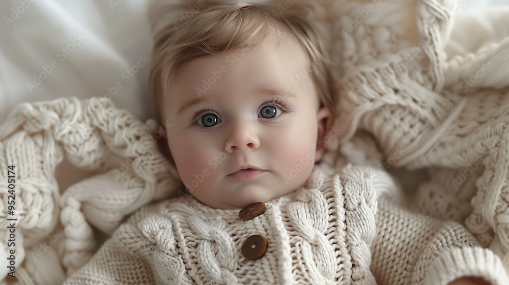 Adorable baby boy in a white knitted sweater lying on a white blanket looking up at the camera. Adorable baby boy in a white knitted sweater lying on a white blanket looking up at the camera.