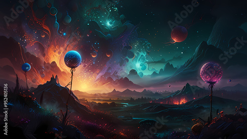 Abstract landscape of vivid, glowing orbs and intricate patterns, resembling an otherworldly spell being cast, with wisps of enchanted mist weaving through the scene photo