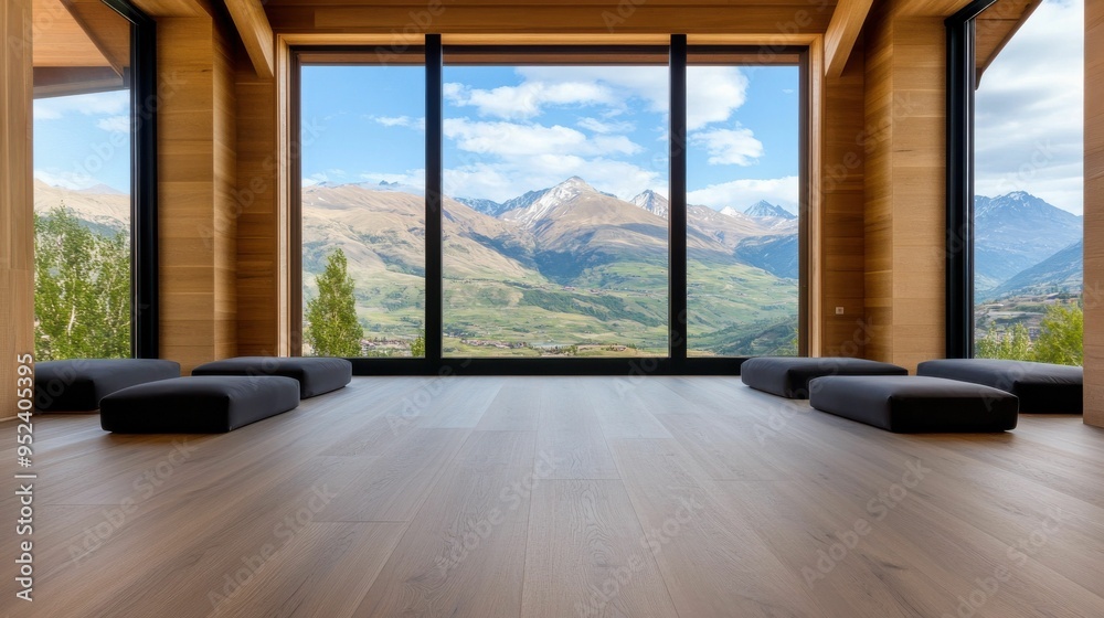 Obraz premium Minimalist Meditation Room with Panoramic Mountain Views and Wooden Interior.