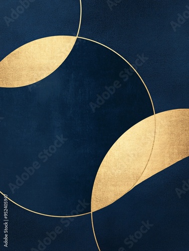 Abstract design featuring navy blue and gold circular shapes with elegant lines.