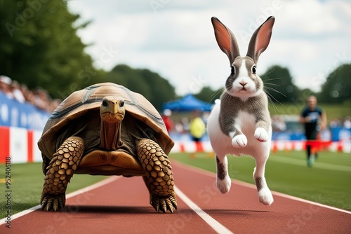 Whimsical Tortoise and Bunny Racing Duo in Fun Sprinting Competition photo