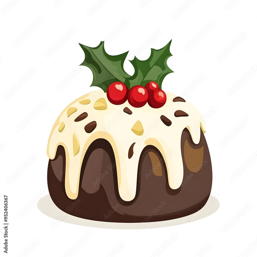 Fototapeta premium Festive Christmas Pudding with Holly Leaves and Berries on Isolated White Background Traditional Seasonal Dessert for Xmas Holiday