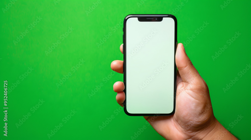 perspective view close-up hand holding empty screen smartphone on green background perspective view close-up hand holding empty screen smartphone on green background
