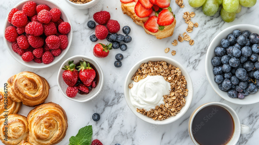 A top view of a breakfast spread featuring a variety of pastries, fresh fruits, a bowl of yogurt with granola, and a cup of coffee on a marble countertop. A top view of a breakfast spread featuring a variety of pastries, fresh fruits, a bowl of yogurt with granola, and a cup of coffee on a marble countertop.