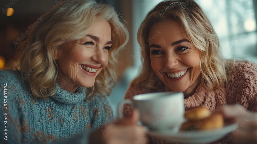 custom made wallpaper toronto digitalPortrait happy woman and elderly mother drinking tea at breakfast bonding and smile in house Face senior mom and adult with coffee cup at table food and family eating biscuits at home : Generative AI