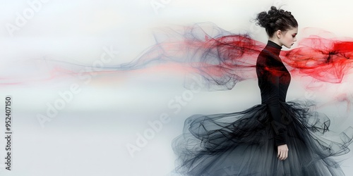 A graceful figure in a flowing black dress, embodying elegance with a dramatic red swirl, evoking mystery and artistry. photo