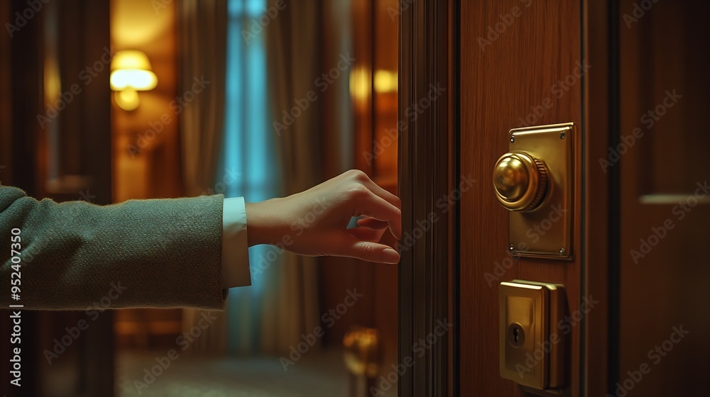 Obraz premium Female hand opening hotel room Housekeeper or room service worker opening door to appartment : Generative AI