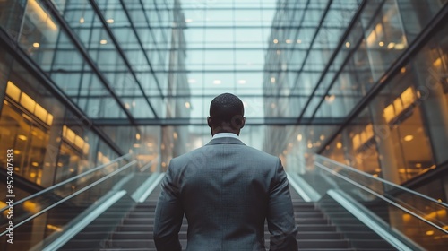 A sophisticated African man executive was captured from behind walking up a large staircase toward an architecturally beautiful and innovative glass made office building : Generative AI