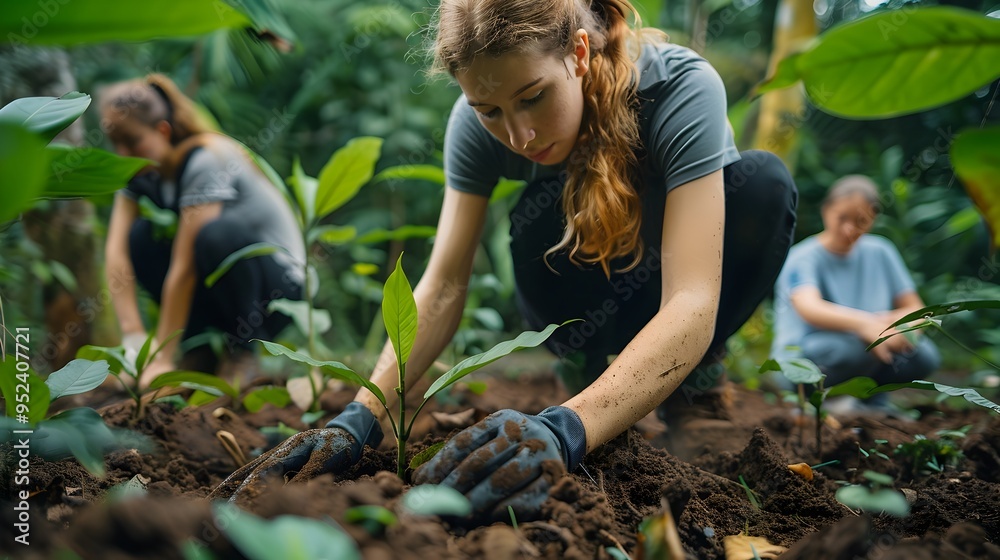 Volunteers Planting Trees in Rainforest Reforestation Project Diverse Flora and Regrowth Climate Change Concept Volunteers Planting Trees in Rainforest Reforestation Project Diverse Flora and Regrowth Climate Change Concept