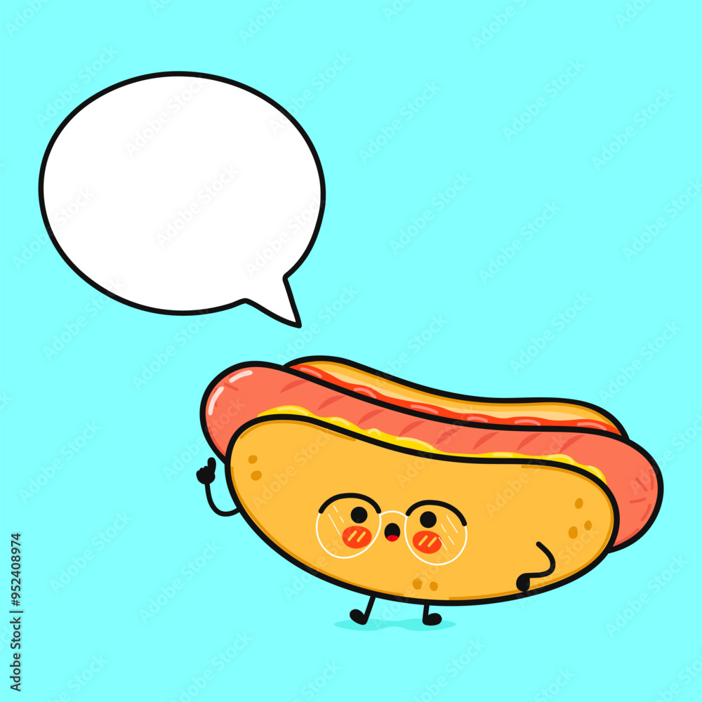 Hot dog with speech bubble. Vector hand drawn cartoon kawaii character illustration icon. Isolated on blue background. Hot dog character concept Hot dog with speech bubble. Vector hand drawn cartoon kawaii character illustration icon. Isolated on blue background. Hot dog character concept