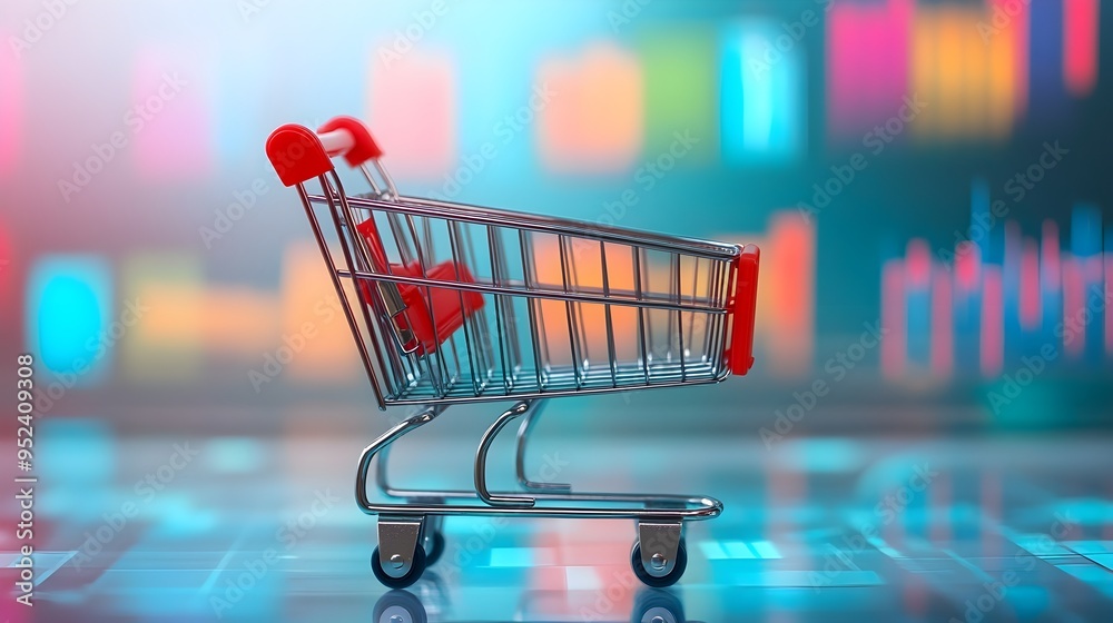 Shopping Cart on Blue Background, Consumerism Concept Shopping Cart on Blue Background, Consumerism Concept