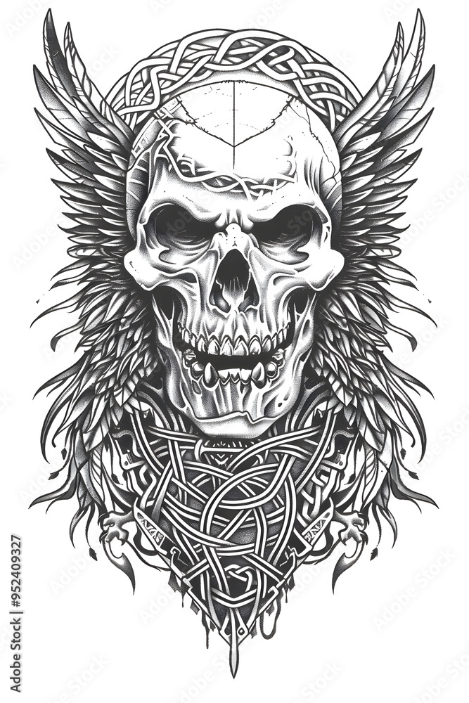 Skull and Eagle very simple traditional tattoo flash styles illustration