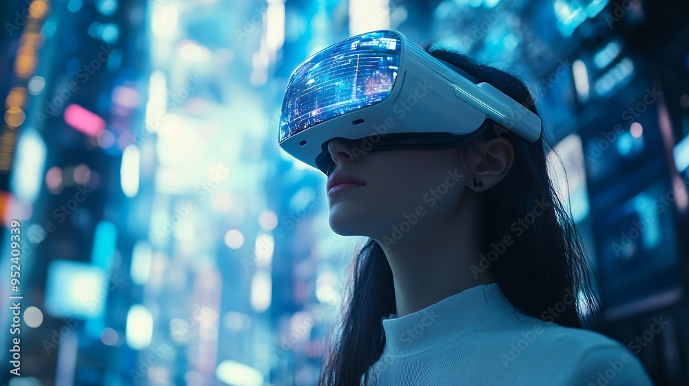 Smart female stand in cyberpunk style building in meta wear VR headset connect metaverse future cyberspace community technology Woman confidently look faraway to virtual construction H : Generative AI