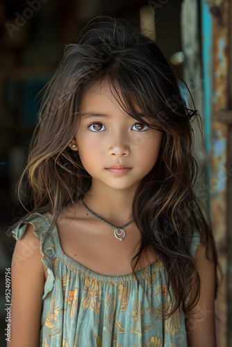 A joyful 5-year-old Thai girl with radiant innocence, her Southeast Asian features and vibrant expression in focus, set against a softly blurred background.