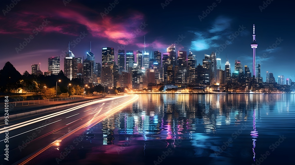 Obraz premium Illuminated Cityscape with Striking Light Trails Over Night Sky and Reflective Waters
