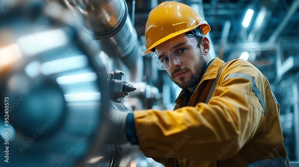 Young engineer working at large factoryTechnician in protective uniform and with hardhat checking temperature in pipes : Generative AI Young engineer working at large factoryTechnician in protective uniform and with hardhat checking temperature in pipes : Generative AI