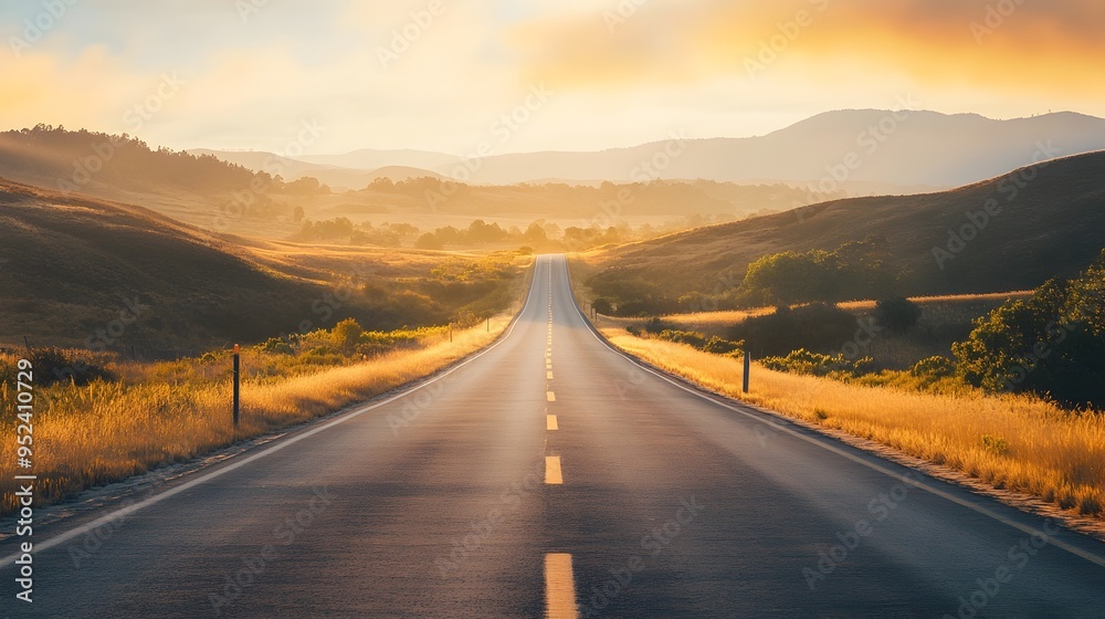 Winding Open Road Leading to New Opportunities and Horizons at Sunrise Winding Open Road Leading to New Opportunities and Horizons at Sunrise