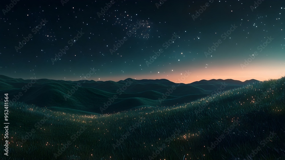 Serene Summer Night Landscape with Starry Sky and Distant Hills Serene Summer Night Landscape with Starry Sky and Distant Hills