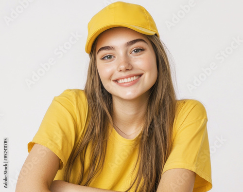 A cute courier girl in a yellow cap smiles at the camera on a white background.