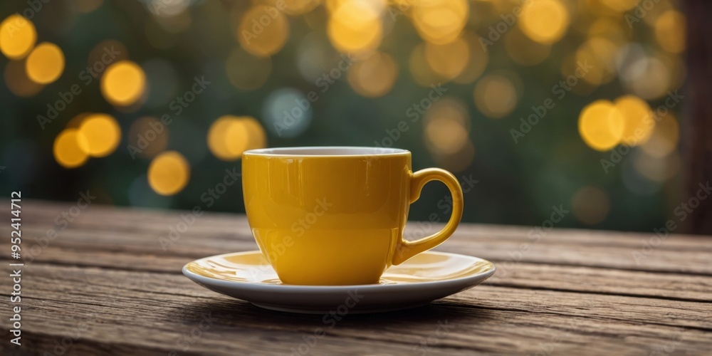 Obraz premium Yellow coffee cup on rustic wooden table.