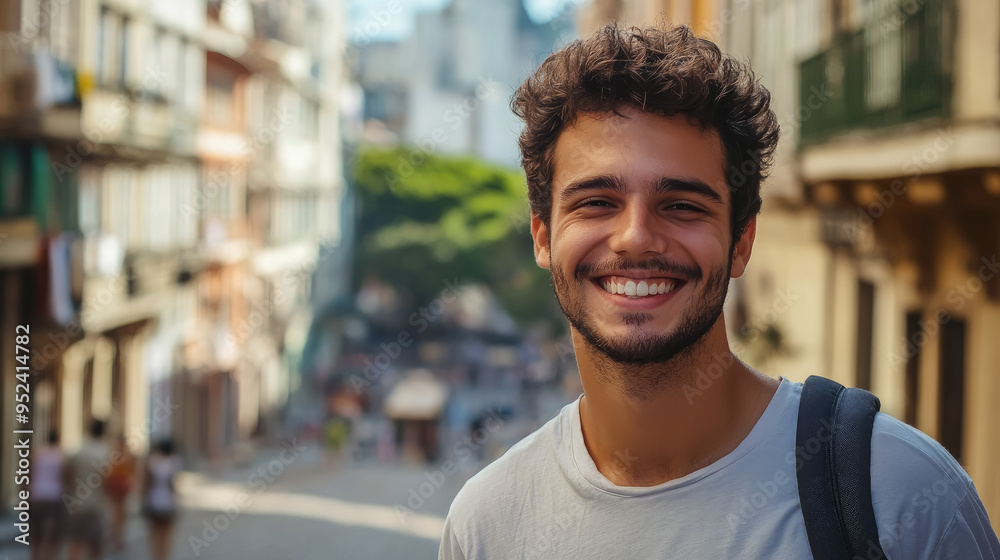 Fototapeta premium Young smiling Brazilian man in casual clothes on the street in Rio de Janeiro, boy, guy, male portrait, Portuguese, nationality, South America, Brazil, local, indigenous, portrait, teen, student