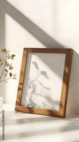 Elegant Wooden Photo Frame Resting on Pristine White Background with Soft Lighting