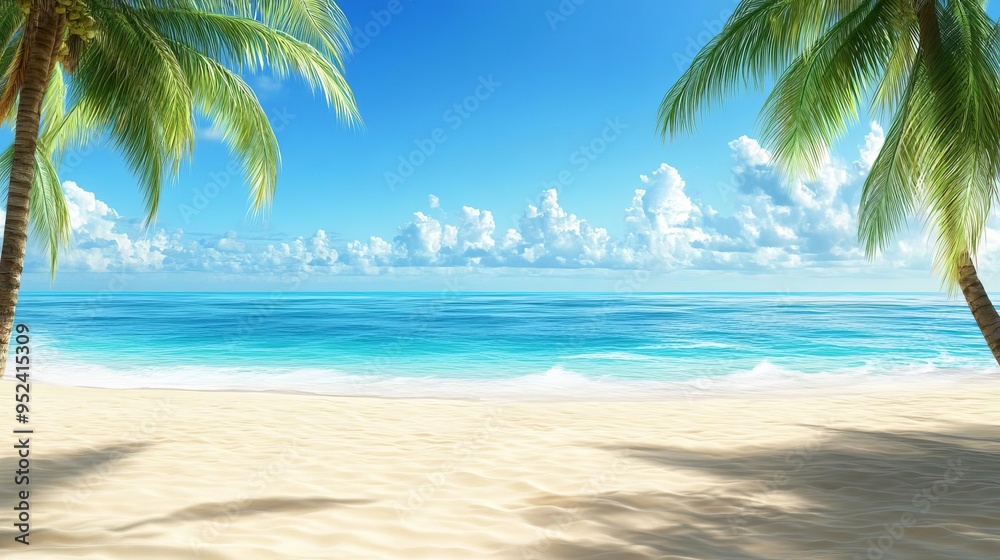 Tropical beach with palm trees swaying in the breeze, golden sand, and turquoise waters, exotic paradise Tropical beach with palm trees swaying in the breeze, golden sand, and turquoise waters, exotic paradise