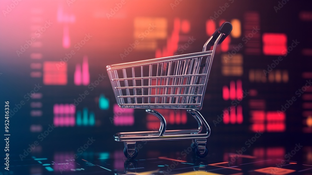 Shopping Cart on Neon Background - E-commerce Concept Shopping Cart on Neon Background - E-commerce Concept