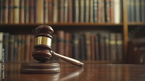 Wallpaper Mural Gavel Resting on a Table Inside a Law Office with Bookshelf of Law Books in the Background : Generative AI Torontodigital.ca