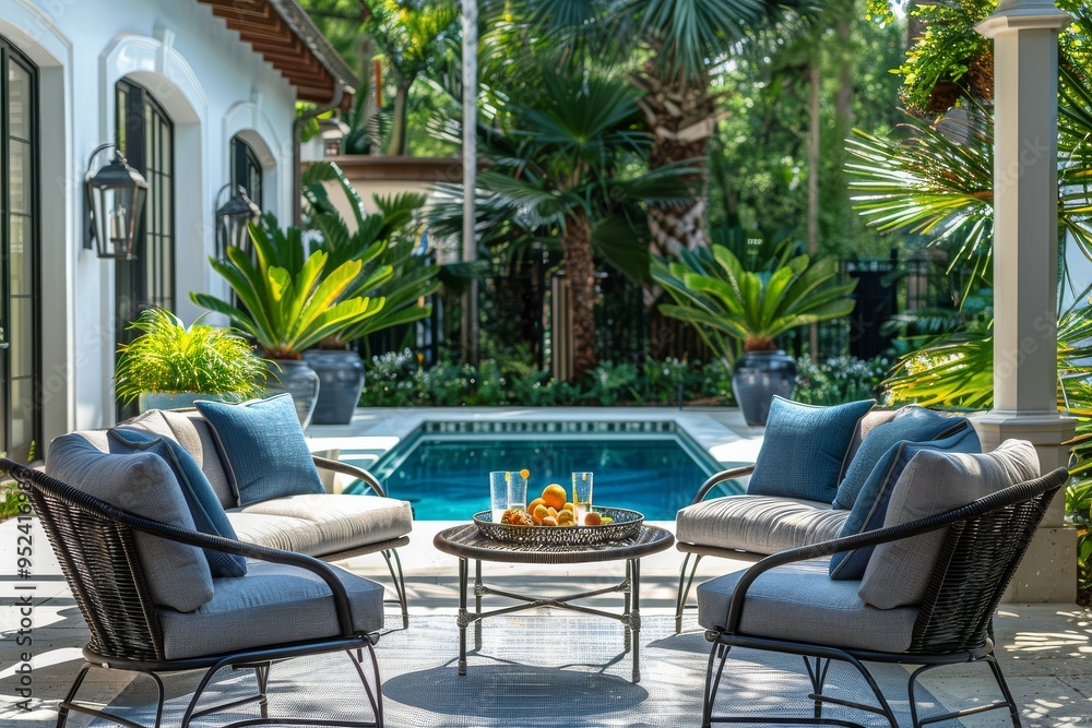 Fototapeta premium High-Quality Outdoor Furniture Set with Grey Sofas, Blue Cushions, and Poolside Terrace Surrounded by Greenery