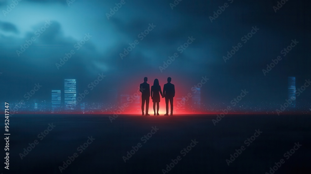 Fototapeta premium A diverse team of professionals collaborating on a high-tech project, holographic screens displaying data, in a modern, digital art style