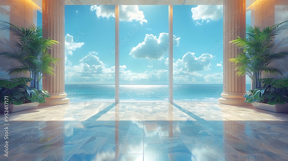 Fototapeta premium A spacious, luxurious interior with large windows overlooking a stunning ocean view.