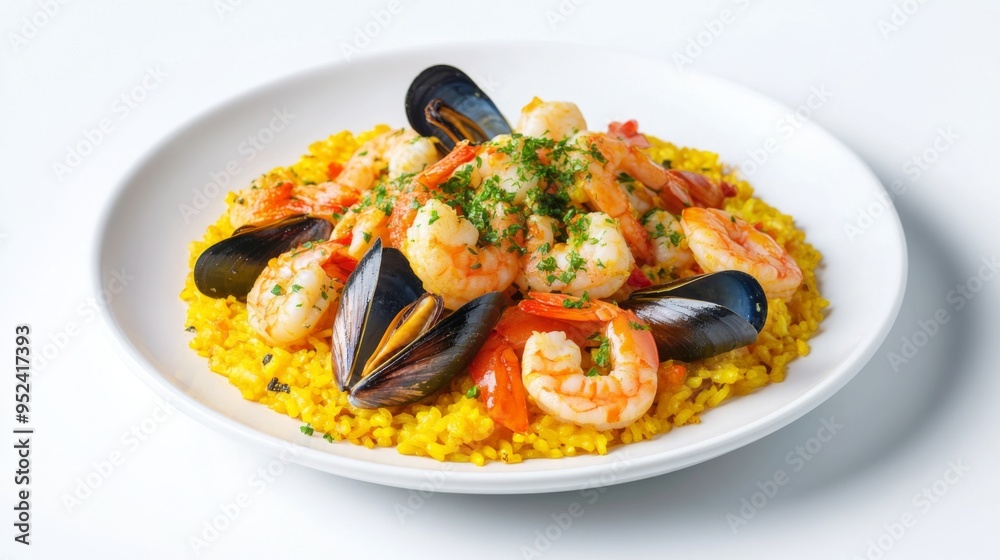 A beautifully presented seafood paella with shrimp, mussels, and saffron rice, set on a white plate or dish, with a bright white background emphasizing its vibrant colors. A beautifully presented seafood paella with shrimp, mussels, and saffron rice, set on a white plate or dish, with a bright white background emphasizing its vibrant colors.