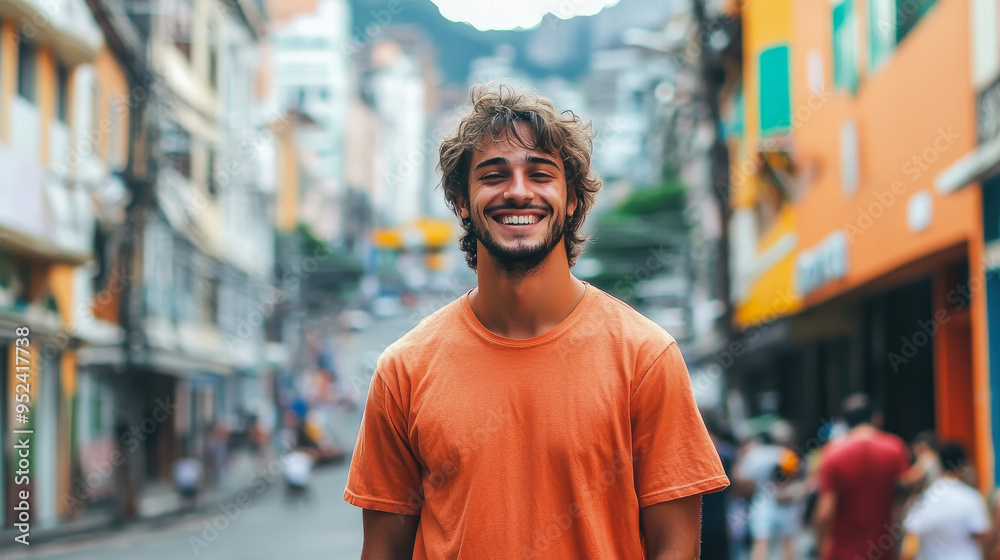 Young smiling Brazilian man in casual clothes on the street in Rio de Janeiro, boy, guy, male portrait, Portuguese, nationality, South America, Brazil, local, indigenous, portrait, teen, student