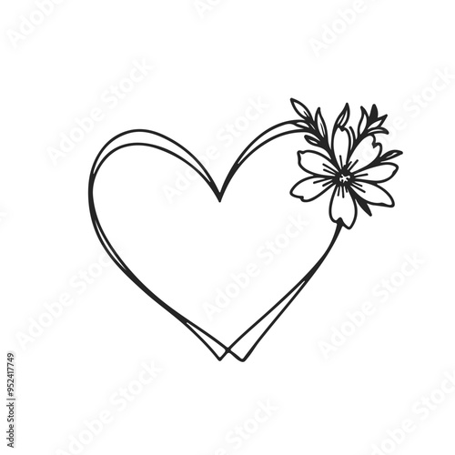 Heart Silhouette with Flowers One Line Vector Drawing. Style Template with Floral Heart. Love Symbol in Modern Minimalist Simple Linear Style for Trendy Boho Design