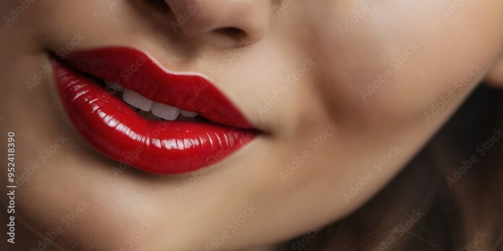 Close-Up of Glossy Red Lips and White Teeth. Close-Up of Glossy Red Lips and White Teeth.