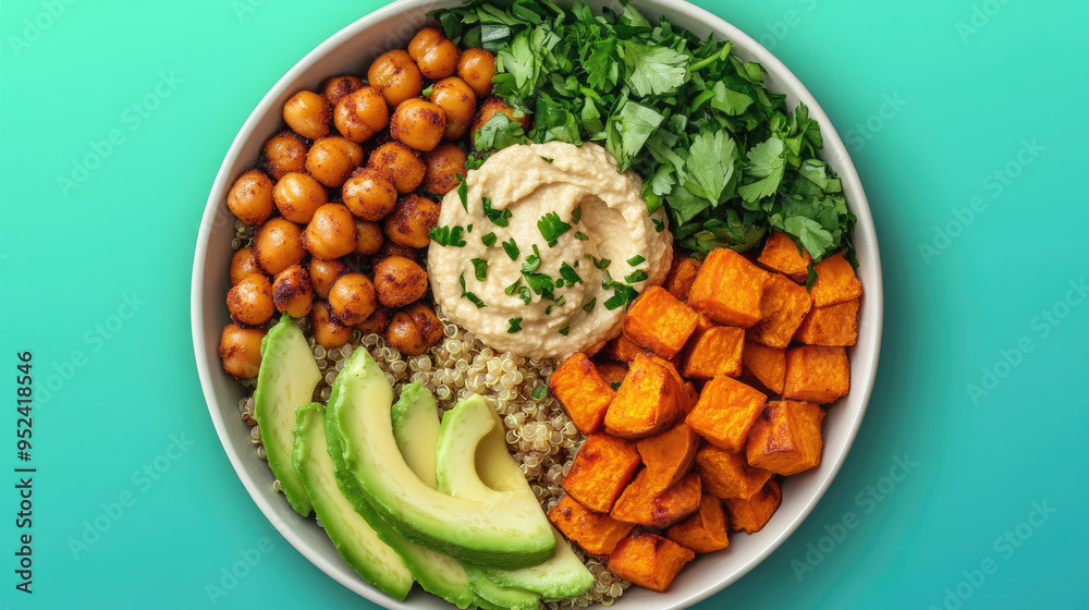 A top view of a vibrant vegetarian Buddha bowl with quinoa, roasted sweet potatoes, chickpeas, avocado, and a dollop of hummus. A top view of a vibrant vegetarian Buddha bowl with quinoa, roasted sweet potatoes, chickpeas, avocado, and a dollop of hummus.