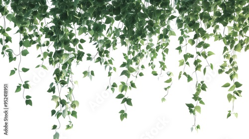 Lush Green Hanging Plant with Delicate Flowers on Pure White Backdrop