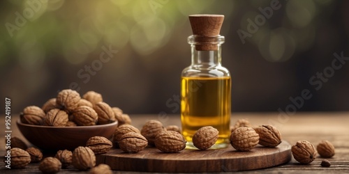 Walnut oil bottle with nuts upon rustic table. photo