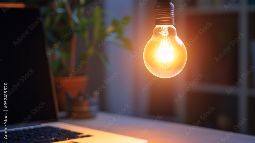 A bright LED light bulb illuminating a workspace with clean, focused light, showcasing its effectiveness in a home office or study area. A bright LED light bulb illuminating a workspace with clean, focused light, showcasing its effectiveness in a home office or study area.