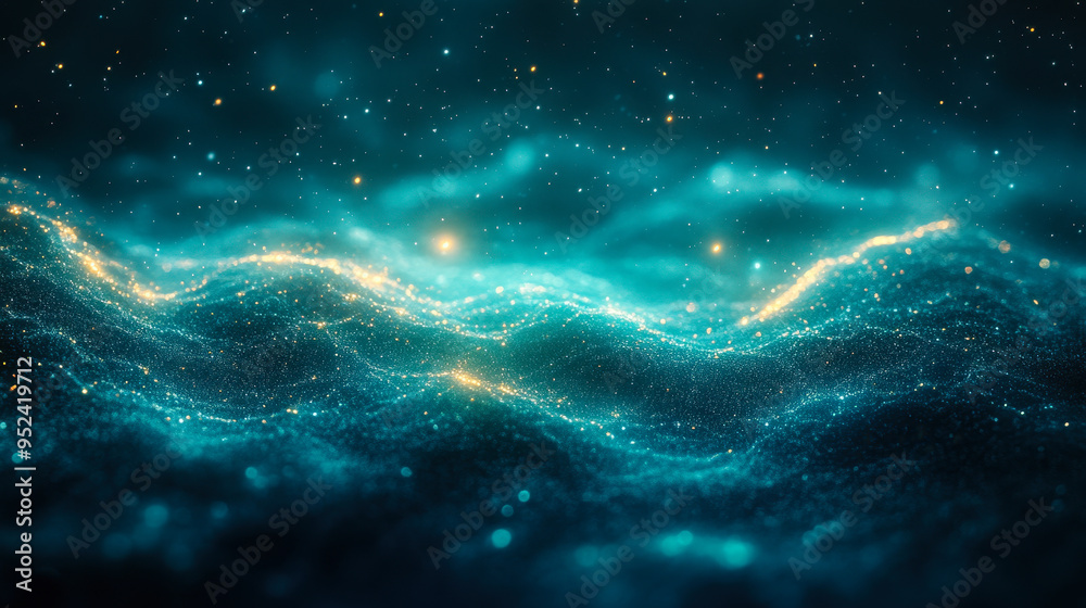 Fototapeta premium Glowing Gradient Noise Texture with Dark Green Blue Background, Sparkling Starry Effect, Abstract Wave Pattern, Ideal for Webpage Headers and Banners, Futuristic Celestial Theme, Nighttime Vibes