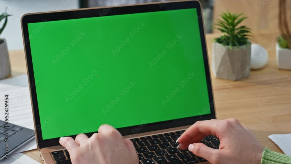 Closeup woman fingers texting green screen laptop cabinet. Ceo pressing buttons Closeup woman fingers texting green screen laptop cabinet. Ceo pressing buttons