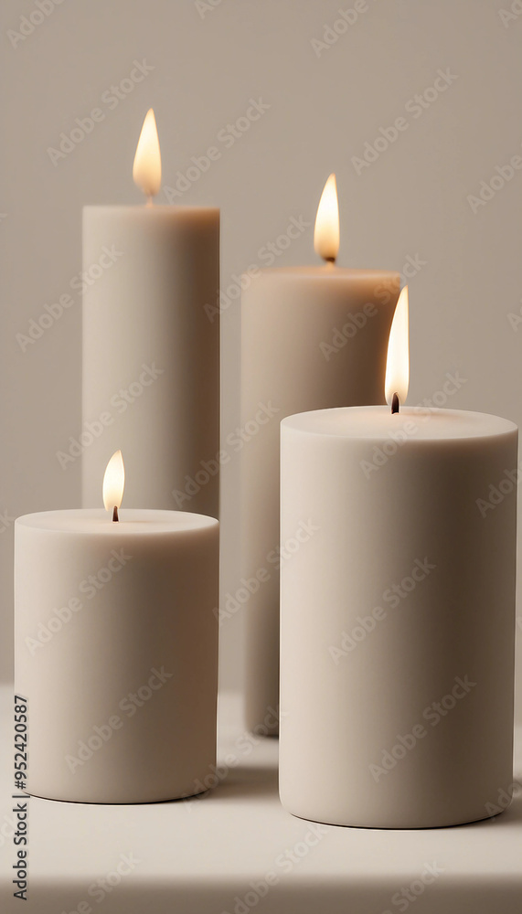 a group of four beige candles with lit flames, arranged by height on a neutral background, creating a serene and calming atmosphere. a group of four beige candles with lit flames, arranged by height on a neutral background, creating a serene and calming atmosphere.